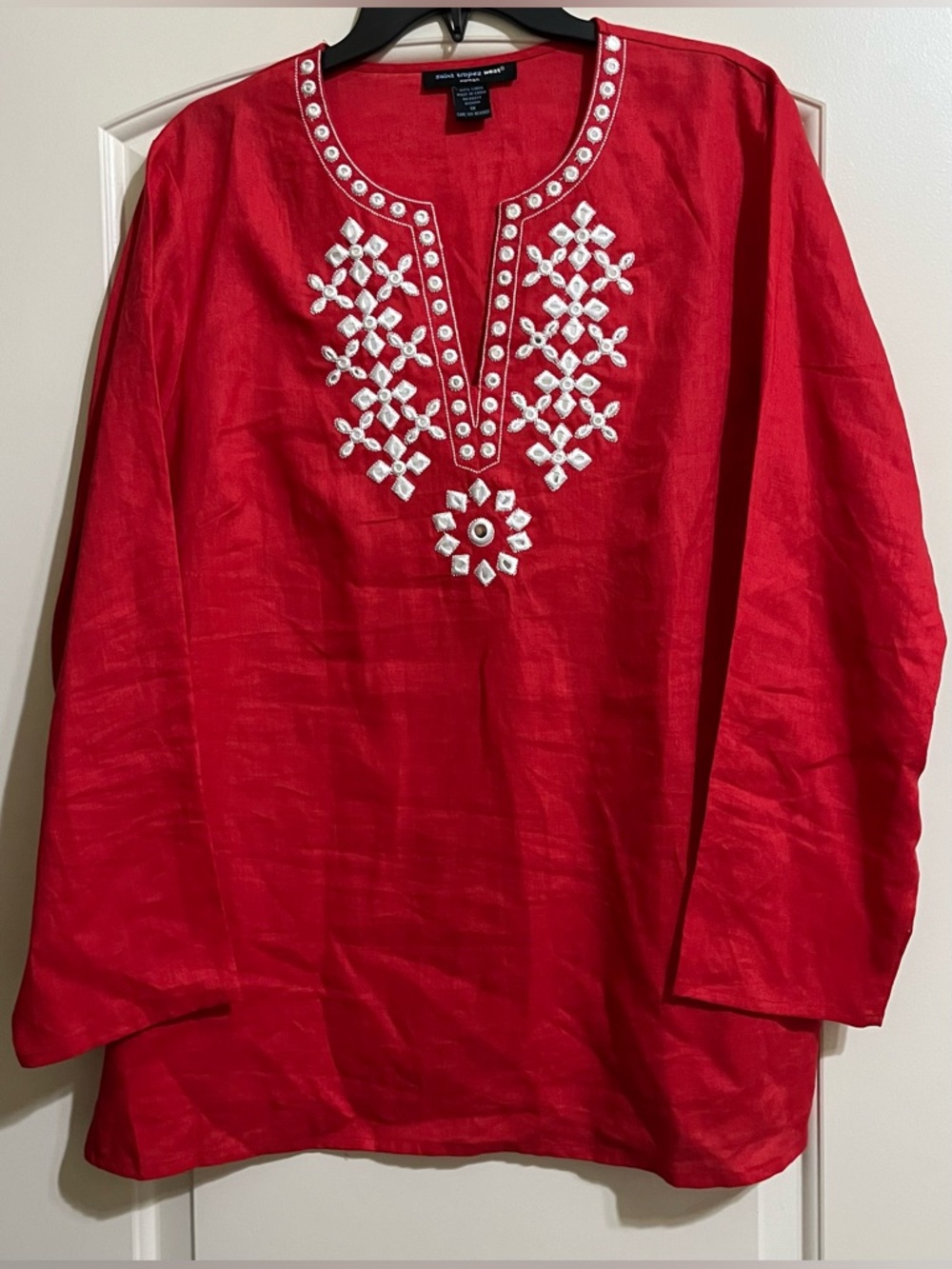Saint Tropez West 100% Linen Red Tunic Top Blouse White Embroidered Sequins 1X